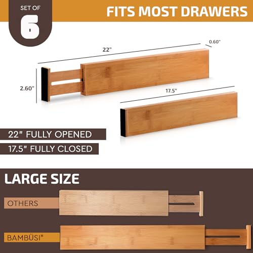 6-Pack Drawer Dividers 2.6-Inch High Dresser Organizer 16 to 22 Inch, White | Bamboo, Spring Loaded, No Tools Needed, Fits Wide Drawers for Socks, Clothes, Utensils, Bedroom, Bathroom, Kitchen, Office - color: White