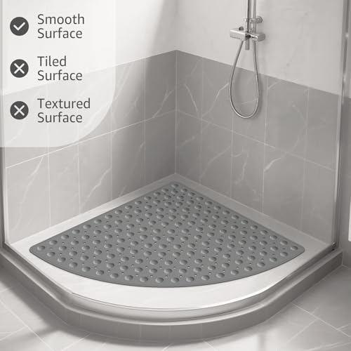 Yolife Large Corner Shower Mat, 25.6" x 25.6" Non Slip Shower mats for Inside Shower, Shower Mat with Drain Hole, Machine Washable Shower Floor Mat, Bathtub Mat Non Slip with Suction Cups, Grey