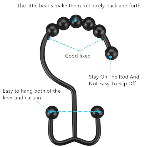DAWNER Shower Curtain Hooks Rings, Rust Proof Hooks, Metal Easy Glide Double Shower Rings Hooks, Stainless Steel Shower Curtain Hangers for Bathroom Shower Curtains, Set of 12 Hooks, Matte Black - color: Matte Black