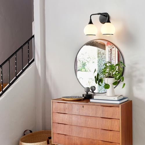 Black Bathroom Light Fixtures 2 Lights Vanity Lights with Milky White Frosted Glass Shade Bathroom Vanity Light 14 inch Wall Sconce Lighting Bath(Exclude E26 Bulb) - color: Black, size: 2 Light