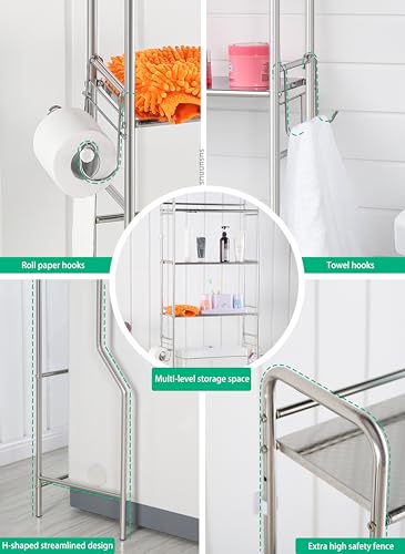 susunnus Over The Toilet Storage 3 Tier,Stainless Steel,for Toilet,Bathroom | Freestanding Space Saver,Rust Proof,with Anti-slip Feet,Paper Rolling and Towel hooks,Bathroom Shelf Over Toilet,Laundry Rack - size: X-size