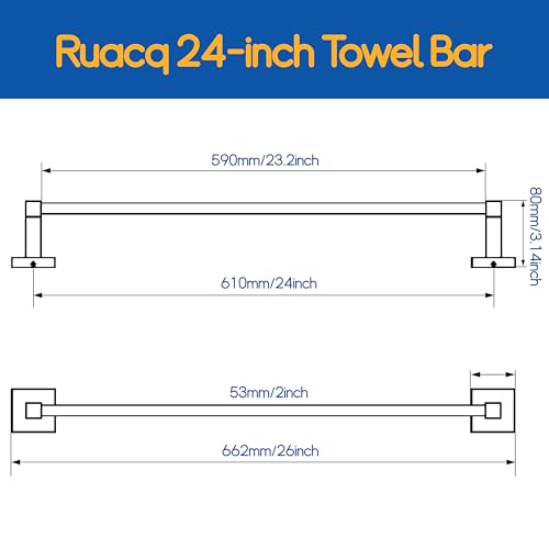 RUACQ Towel Bar 24" Towel Racks for Bathroom Wall Mounted, Matte Black | One-Piece Bath Towel Holder, Total Length 26 Inch Single Towel Rod, 304 Stainless Steel Rustproof, Square Base, Heavy Duty - color: Matte Black, size: 24 inch(Center to Center) Singl