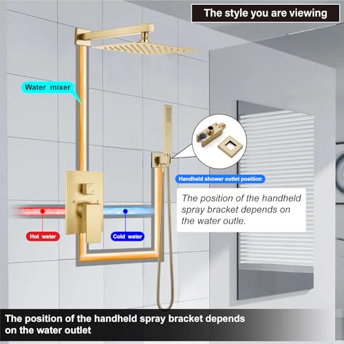 Midanya Shower Faucet Set with Handheld Sprayer,10 Inch,Brushed Gold | Rough-in Shower Valve and Trim Kit Included,Square Rain Head,Wall Mount Shower System,All Metal,Bathroom - color: Gold, size: 10 Inch