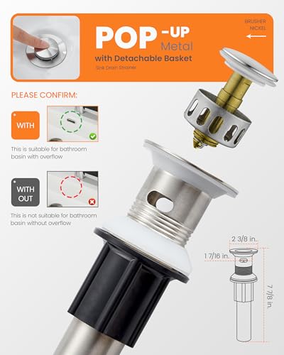 Waterfall Bathroom Faucet for Sink 3 Hole, 4 inch, Brushed Nickel Waterfall Sink Faucets with Pop-up Drain and 2 Supply Hoses, Stainless Steel 2-Handle Centerset Faucet for Sink Vanity, T-6008BN - color: Brushed Nickel