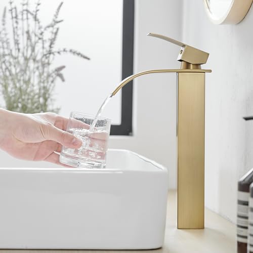 RUMOSE Tall Bathroom Faucet Vessel Sink Faucet with Drain, Brushed Gold | Modern Single Handle One Hole Bathroom Faucet Waterfall Rv Lavatory Vanity Faucet Mixer Tap, Pop Up Drain, Stainless Steel - color: Brushed Gold