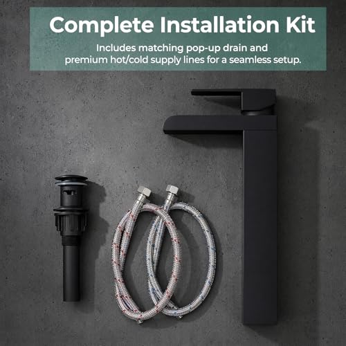 Black Tall Waterfall Bathroom Faucet, Single Hanlde Vessel Sink Faucet with Waterfall Spout, Bathroom Faucets for 1 Hole, RV Lavatory Vanity Mixer Bar Tap with Pop Up Drain and Hoses KMBF015B | Bathroom Faucets for RV Lavatory Vanity Mixer Bar Tap with Po