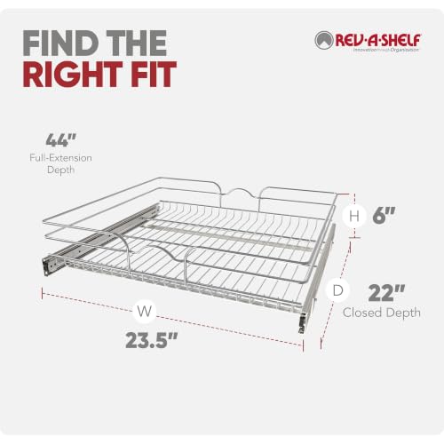 Rev-A-Shelf Pullout Drawer Organizer for Kitchen Cabinets, 24" x 22" | Steel Wire Slide Out Storage Basket, Min Opening Width of 23.5", 5WB1-2422CR-1 - size: 24" W x 22"D, style: Single Tier