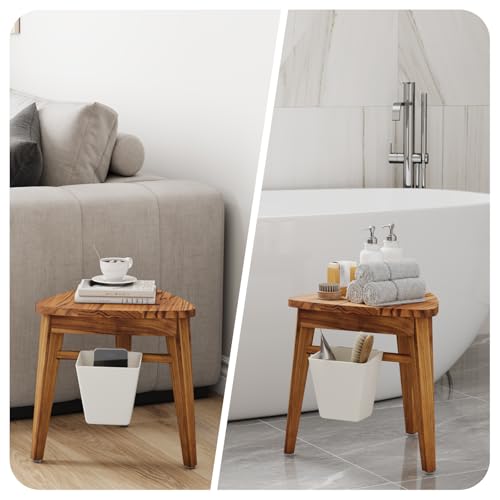 Kiasthome Teak Shower Bench, Waterproof Bathroom Teak Corner Shower Bench, Sturdy Non-Slip Bath Shower Foot Stool for Shaving Legs with Storage Basket