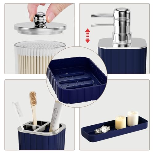 XLHOMO Bathroom Accessory Set - Gorgeous Bathroom Set, 7PC Navy Blue Bathroom Set, Soap Dispenser, Toothbrush Holder, Qtip Holder Set, Bathroom Sets Complete, Bathroom Sink Set for Home Decor - style: Navy Blue&Silver
