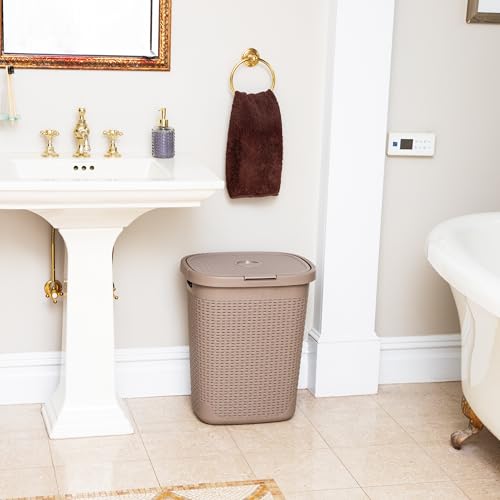 Mind Reader Slim Laundry Hamper with Lid, 50L Clothes Basket, Premium Wicker Design, Plastic, Ivory - color: Ivory