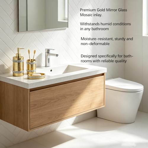 Gold Bathroom Accessories Set, Mosaic Decoration 4-piece Set | Deluxe gold mosaic bathroom 4-piece set,including soap dispenser,soap tray,toothbrush cup,partitioned toothbrush holder - size: 4 Pc Set