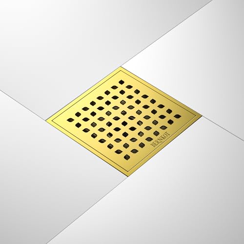 Square Shower Drain w/PVC Bonding Flange Base, 6" Gold | 304 Stainless Steel Drain w/ Drain Key for Low Profile Shower Tiles, CUPC Certified - color: Polished Gold6"