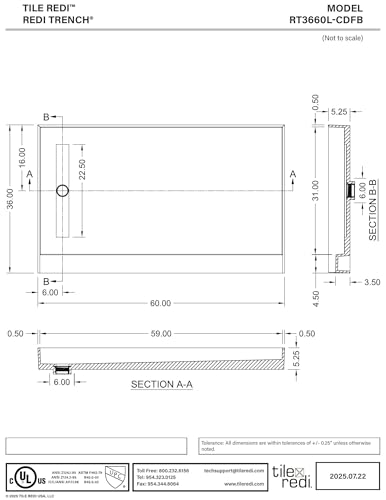 Redi Trench 36 In x 60 In Single Curb Tileable Shower Pan with Left Drain and Linear Brushed Nickel Grate - color: Left Drain, Single Curb, Brushed Nickel