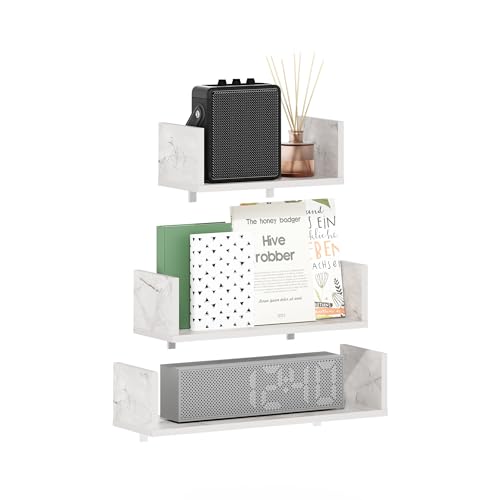 U-Shape Set of 3 Rectangular Wall Mounted Shelves, Wall Shelf Set with 11.7 x 15.7 x 18.9 Width, Floating Shelves for Wall, for Home Office, Living Room, Bathroom, Marble White - color: Marble White
