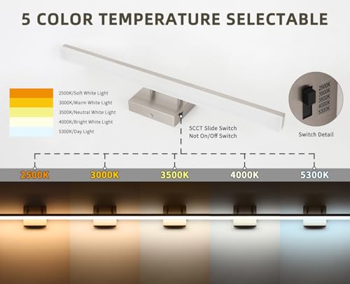 Brushed Nickel Vanity Light for Bathroom - 5CCT Dimmable, Adjustable Angle, 23.62-inch Long 16W LED Bar Light Fixture Over Mirror - Modern Wall Lighting - size: 23.62inch Long