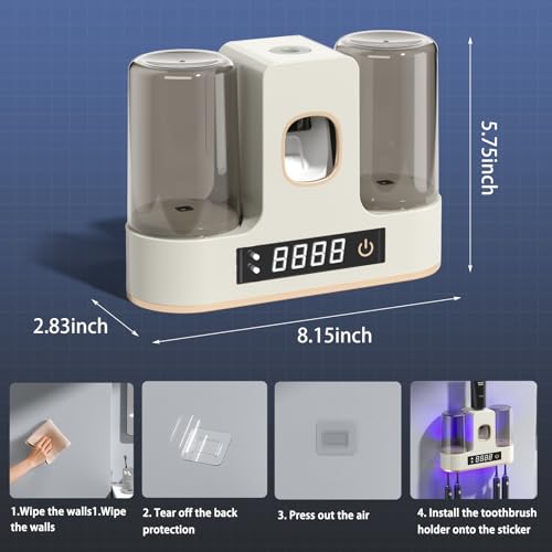 Electric Toothbrush Holders for Bathrooms, Dustproof Smart Toothbrush Holder Wall Mounted - 4 Brush/2 Cups, Auto Toothpaste Dispenser, Hot Air Drying & LCD Display,Toothbrush Cleaner (White) - color: White