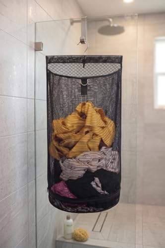 ALYER Hanging Semi Round Storage Mesh Bag,Collapsible Laundry Hamper Basket with Durable Hanger (Black) - color: Black