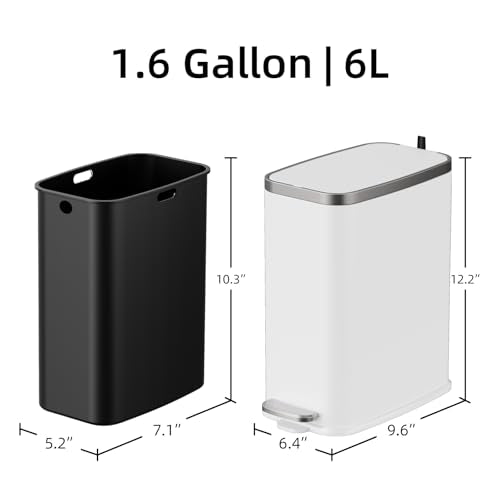 KdbK Stainless Steel Bathroom Trash Can with Lid Soft Close,1.6 Gallon Slim Garbage can,Small Metal Step Wastebasket for Office, Bedroom, Toilet, White - color: White