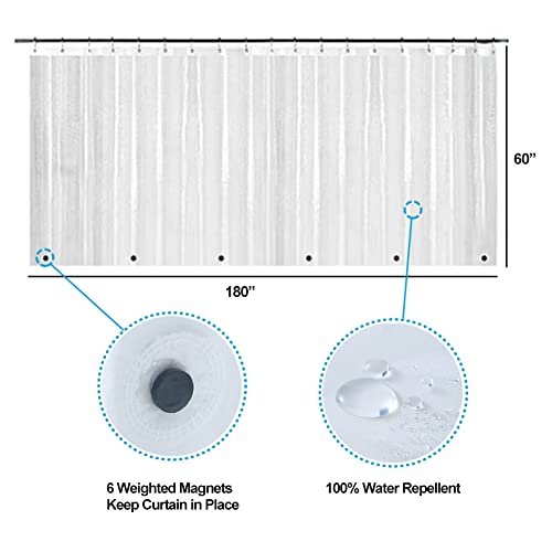 Clawfoot Tub Clear Short Length 60 Inch Curtain Liner with Weighted | 180x60 Inch Extra Wide 360 Shower Curtain PEVA Waterproof Wrap Around Bath Tub Curtain with Stanless Steel Hooks - color: Clear, size: 180"W x 60"L (Pack of 1)