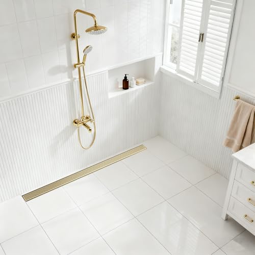 Linear Shower Drain - 48 Inch Brushed Gold, with Grate Removable | AISI 304 Stainless Steel Shower Drain with Adjustable Feet, Hair Catcher, Rectangle Shower Floor Drain Fits Bathroom, Balcony - color: Brushed Gold, size: 48 Inch