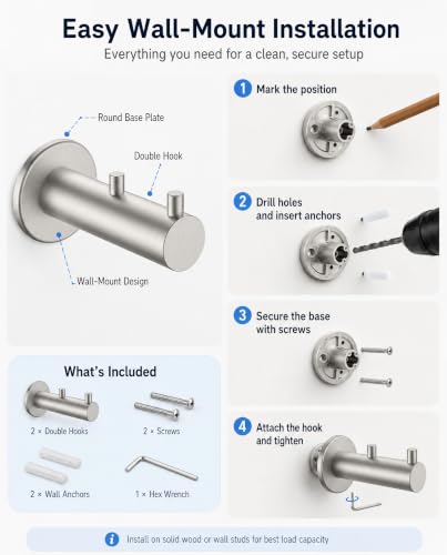 Hooks Heavy Duty Shower Hooks wall Hooks Hooks for Hanging | 304 stainless steel double hooks for bathroom, bedroom, closet, laundry, backpacks, bags and pet leashes - color: Brushed Nickel