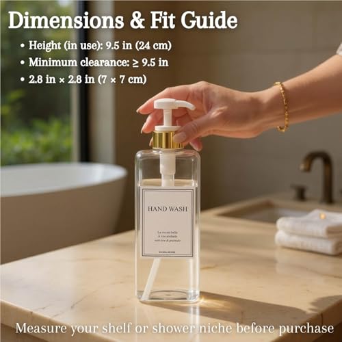 Modern Gold Design Shampoo and Conditioner Dispenser, Large 27oz Shower Soap Dispenser, Set of 3 Refillable Empty Plastic Pump Bottles for Bathroom, 6 Waterproof Labels Included, (Clear & White) - color: Clear & White