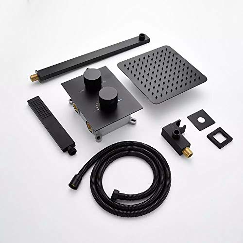 Thermostatic Rain Shower System, Concealed Matte Black Combo Set Wall Mounted Faucet with Rainfall Head, Handheld
