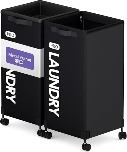 Caroeas Next-Gen 105L Matel Frame Laundry Basket with wheels, Heavy Duty Tall Rolling Laundry Hamper with Removable Wash Bag, Collapsible Freestanding Clothes Hamper (105L,Black,2Pack) - color: Black - 2 Pack