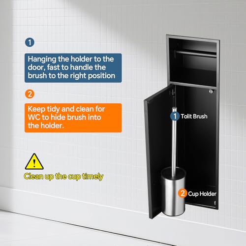 Recessed Toilet Paper Holder Plus Toilet Brush Storage,Black | Inner size 6*23.38*4.94in (L*H*D), Built-in Toilet Paper Dispenser, Modern and Space-saving, Includes Toilet Brush