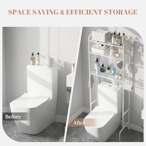 STDDRE 3-Tier Over The Toilet Storage Space Saver with Paper Holder Freestanding Rack Metal Bathroom Shelves with Hooks Above The Toilet Storage Shelf (White, 3 Tier) - color: White