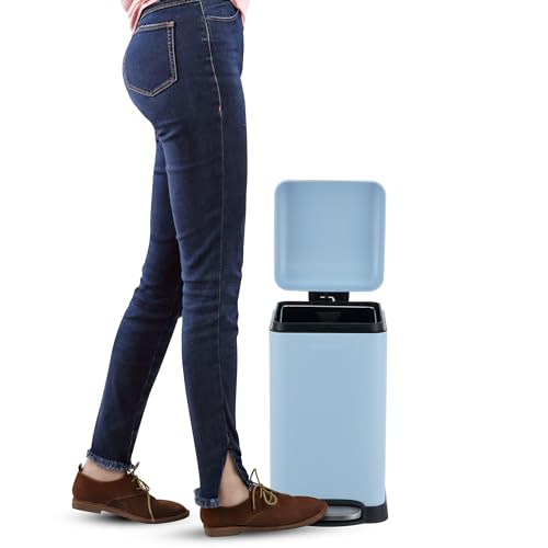 happimess Betty Retro Mini 3.2 Gal Step Trash Can, Tide Pool Blue | Soft-Close Lid, Removable Liner, Iron, Hands-Free Pedal, Satin Finish, Non-Skid Base, Built-In Damper, Modern, Minimalistic - color: Tide Pool Blue