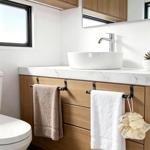 STWWO Over Cabinet Towel Holder with Hooks, 2 Pack Black Bars for Kitchen | Stainless Steel Over The Cabinet Towel Rack Bars, Dish Towel Holder for Kitchen Cabinet Doors - color: Black