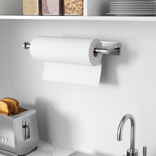 Paper Towel Holder,Self-Adhesive or Drilling, Brushed Nickel, 1 Pack | SUS304 Stainless Steel,Kitchen Roll Dispenser Under Cabinet,Wall Mounted Rack - color: Silver