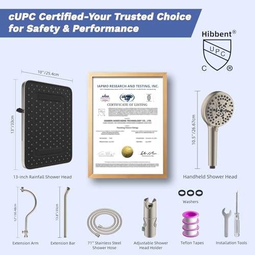 Hibbent cUPC Certified Upgraded 13'' Shower Head Combo, High Pressure 5 Spray Rainfall Showerhead with 10 Sprays Handheld, All Metal 3-way Diverter Shower Arm, 71'' Hose and Holder, Brushed Nickel - color: Brushed Nickel, style: Square 13"