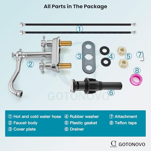 gotonovo 4 Inch Centerset Bathroom Faucet 2 Cross Handles Deck Mount 2 Hole Lavatory Vanity Utility Mixer Tap with Water Supply Hoses and Pop Up Drain RV Farmhouse, Polish Chrome - color: Polish Chrome