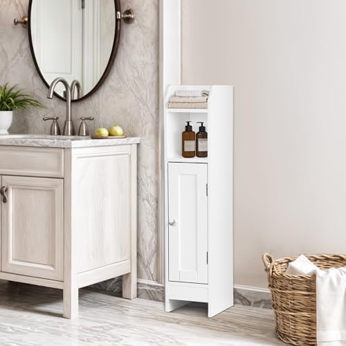 ZENY Slim Bathroom Storage Cabinet, Narrow Bathroom Cabinet with Door and Adjustable Shelves, Freestanding Toilet Paper Storage Cabinet for Small Spaces (White)