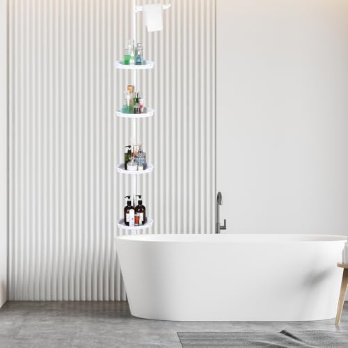 Corner Shower Caddy Tension Pole, 101.6''-122'', 4 Tier Shower Shelf, Rust Proof No Drilling Bathroom Organizer with Adjustable Trays, Plastic Bathtub Shelves Shamboo Holder, White