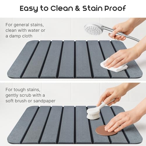 ArtyCozy Large Foldable Stone Bath Mat Non-Slip Rubber Base, 28"×17", Grey | Super Absorbent Quick Drying Diatomaceous Earth Mat for Bathroom, Easy to Store, Easy to Clean