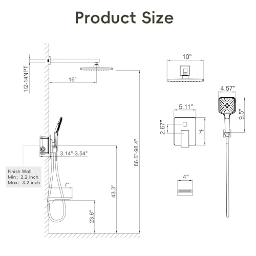 Gabrylly Shower System with Tub Spout, Wall Mounted Tub Shower Faucet Set for Bathroom with High Pressure 10" Rain Shower head and 3-Setting Handheld Shower Head Set,Brushed Nickel - color: brushed nickel 01