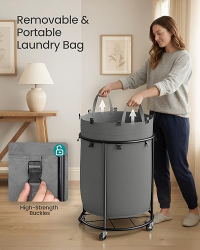 SONGMICS Laundry Basket with Wheels, Rolling Laundry Hamper with Steel Frame, Removable Liner Bag, 45 Gallon (170 L), Slate Gray URLS030GN01 - color: Slate Gray, size: 170L-Rolling Round