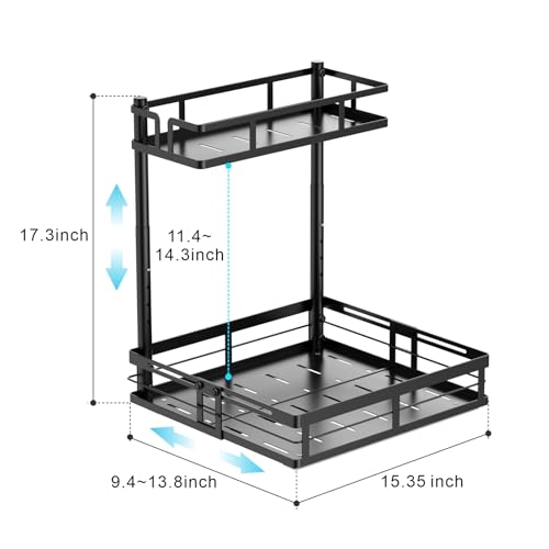 Under Kitchen Sink Organizer - L-Shaped Pull Out Shelf, 2 Pack | L-Shaped Fit Around Garbage Disposal, Adjustable Shelves, Pull Out Access, For 30-36 Inch Sink Cabinet, 2 Pack Black