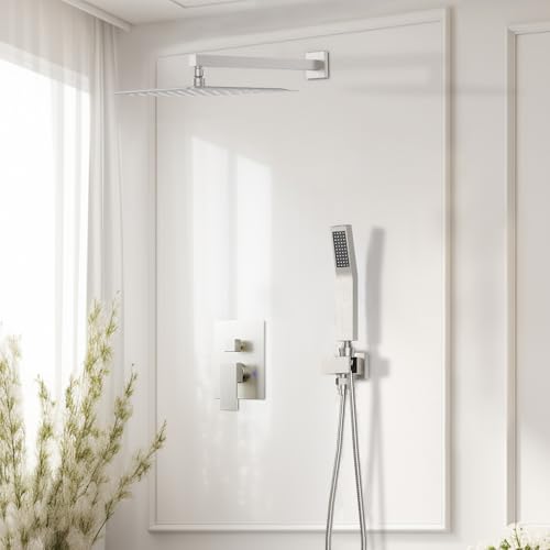 STARBATH Shower Faucet Set Shower System with Diverter Valve Brushed Nickel | 10" Wall Mount Rain Shower Head and Handheld Spray for Two Person,Shower System with Diverter Valve and Trim Kit Complete - color: Brushed Nickel, size: 10"-01