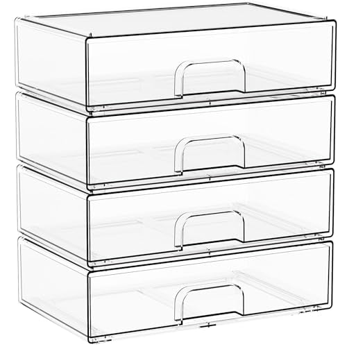 12.2''W Clear Stackable Storage Drawers,4 Pack Acrylic Drawers,Bathroom Organizer Bin and Plastic Makeup Organizer,Clear Stacking Brightroom Storage Boxes for Vanity,Cabinet,Pantry Organization - style: 4 PACK 12.2'' Width