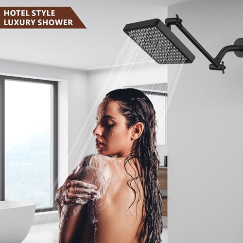 High Pressure Rain Shower Head with 11'' Extension Arm - High Flow Rainfall Showerhead - Luxury Modern Look - Pressure Boosting (Square, Brushed Nickel) - color: Matte Black, style: 6" Square