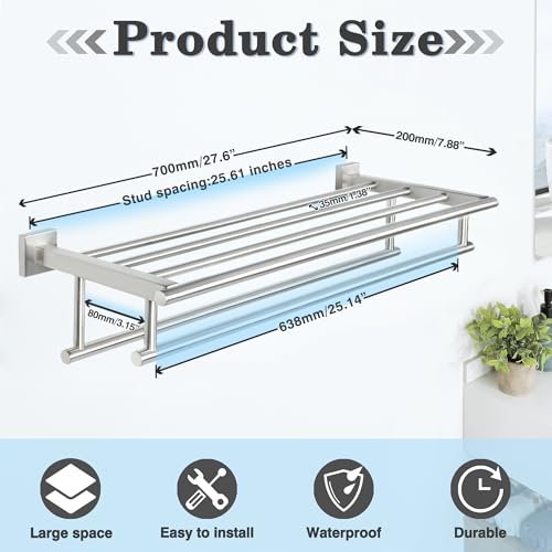 Alise Double Towel Rack for Bathroom Wall Mounted 28 Inch,Brushed Nickel | Bathroom Tower Holder Towel Shelf with Double Towel Bars,SUS304 Stainless Steel Towel Rack with Shelf - color: Brushed Nickel, size: 700mm/28-Inch(Double Bars)