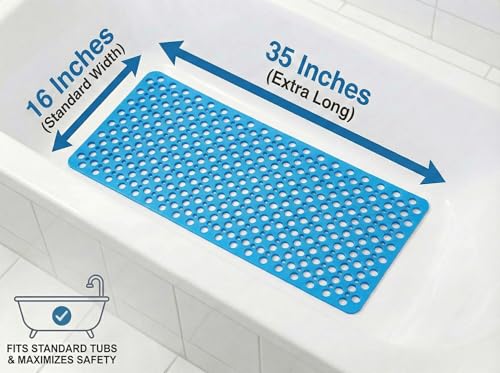 Nonslip Bath Tub Shower Mat with Suction Cups, Extra Soft TPE Bath Mat for Kids, Bathtub Bathroom Mats, Machine Washable, Smooth/Non-Textured Tubs Only, 35L x 16W Inch(Lake Blue) - color: Lake Blue, size: 35" x 16" (Rectangular)