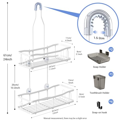 Hanging Shower Caddy Over Shower Head - No Drill Rustproof Shower Rack | Includes Soap Holder and Hooks for Shampoo, Conditioner, and Bathroom Essentials with Stable Storage in Any Shower Space - color: White