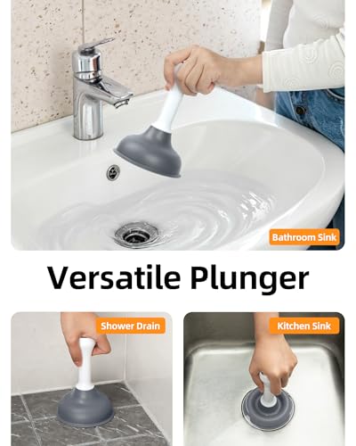 MR.SIGA Mini Drain Plunger, Sink Drain Plunger with Strong Suction | Compact design, powerful small plunger for bathroom and kitchen sinks, tubs, shower drains, 6.3inch/16cm tall, white & gray