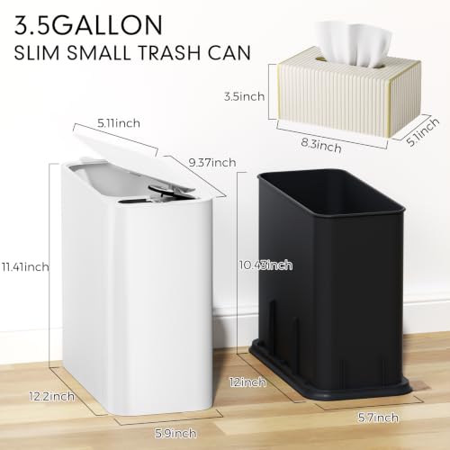 Bathroom Trash Can with Lid and Tissue Box Cover Set 13 L/ 3.5 Gallon White Trash Can with Pop-Up Lid Small Garbage Can for Bathroom Bedroom Office Kitchen - color: White & Gold