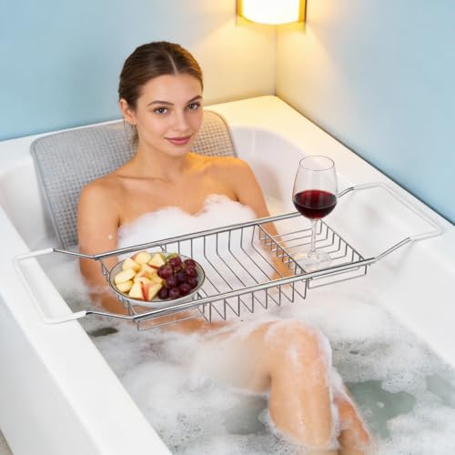 Cabilock Bathtub Tray - Stainless Steel Bathtub Caddy, Expandable Extra Wide Bath Tub Organizer, Rust-Resistant Over The Tub Shelf Rack with Non-Slip Grips for Phone Book Wine Glass, Silver - color: Silver